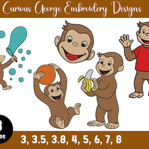 Puede incluir: Una colección digital de diseños de bordado de Curious George que muestra al mono marrón en varias poses: soplando burbujas, sosteniendo una pelota naranja, comiendo un plátano y saludando con una camiseta roja. Texto: Curious George Embroidery Designs.
