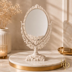 Elegant Ivory Vanity Table Mirror | Vintage Style Makeup Mirror for Bedroom