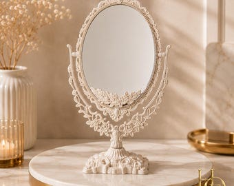 Eleganter elfenbeinfarbener Schminktischspiegel | Kosmetikspiegel im Vintage-Stil fürs Schlafzimmer