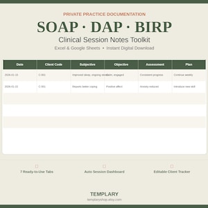 SOAP DAP BIRP Notes Template + Phrase Bank | Therapy Progress Notes Spreadsheet | Excel Google Sheets | Private Practice Documentation