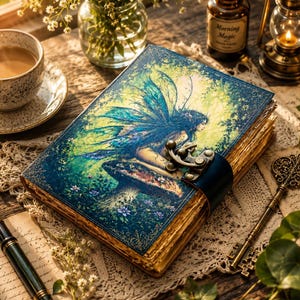 May include: A hardback journal with a blue and green cover illustration of a fairy sitting on a mushroom, secured by a dark metal latch. The book features deckled-edge pages and is accompanied by a black fountain pen and an ornate metal key.