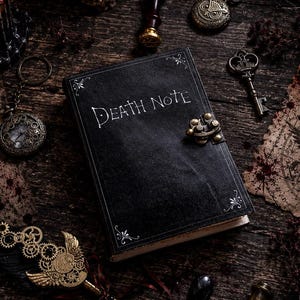 May include: A black notebook with the words DEATH NOTE printed in white on the cover, featuring a metal latch, a quill pen with gold gear accents, a skeleton key, a pocket watch, a wax seal stamp, and a lit candle on a dark wooden surface.