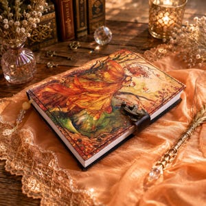 Autumn Fairy Fantasy Notebook, Antique Leather Journal with Cusp Lock, Whimsical Forest Fairy Diary, Cottagecore Aesthetic Writing Journal