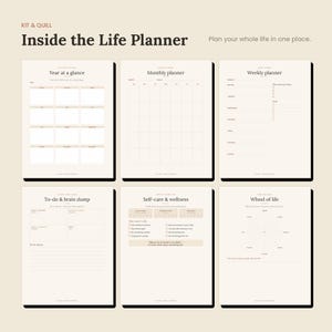 May include: A set of six planner pages titled Kit & Quill Inside the Life Planner. The pages include Year at a glance, Monthly planner, Weekly planner, To-do & brain dump, Self-care & wellness, and Wheel of life with text in a neutral color palette.