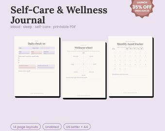 Utskrivbar egenvårdsdagbok | Wellnessplanerare, humörspårare (digital nedladdning)