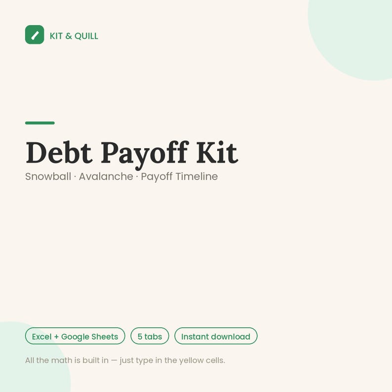Op de afbeelding: Een digitaal Debt Payoff Kit spreadsheet-sjabloon met de tekst KIT & QUILL, Debt Payoff Kit, Snowball, Avalanche, Payoff Timeline, Excel + Google Sheets, 5 tabs, Instant download en All the math is built in &mdash; just type in the yellow cells.