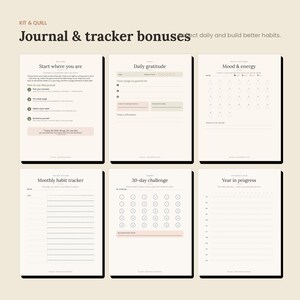May include: Six digital journal and tracker pages with a cream background and dark text. Sections include Start where you are, Daily gratitude, Mood & energy, Monthly habit tracker, 30-day challenge, and Year in progress with various fillable fields.