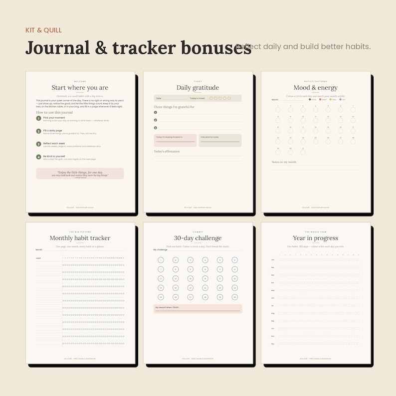 May include: Six digital journal and tracker pages with a cream background and dark text. Sections include Start where you are, Daily gratitude, Mood & energy, Monthly habit tracker, 30-day challenge, and Year in progress with various fillable fields.
