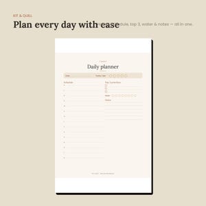 May include: A daily planner page with a beige background featuring the text Kit & Quill, Plan every day with ease, and Daily planner. The layout includes sections for date, mood, schedule, top 3 priorities, water intake tracking, and notes.