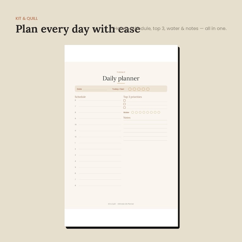 May include: A daily planner page with a beige background featuring the text Kit & Quill, Plan every day with ease, and Daily planner. The layout includes sections for date, mood, schedule, top 3 priorities, water intake tracking, and notes.