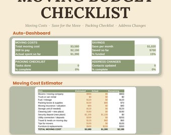Kalkylblad för flyttbudget, flyttkostnadsplanerare, Excel + Google Sheets, pack- och adressändringslista