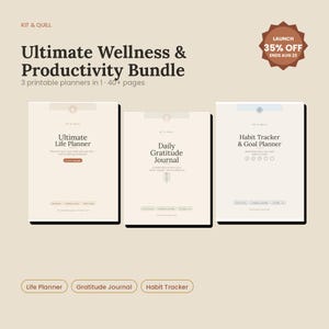 May include: A digital bundle featuring three printable planners titled Ultimate Life Planner, Daily Gratitude Journal, and Habit Tracker & Goal Planner. The beige documents include text, icons, and a brown starburst graphic stating 35% OFF.