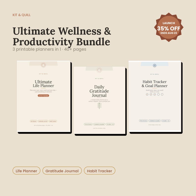 May include: A digital bundle featuring three printable planners titled Ultimate Life Planner, Daily Gratitude Journal, and Habit Tracker & Goal Planner. The beige documents include text, icons, and a brown starburst graphic stating 35% OFF.