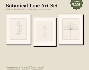 Set med botaniska linjekonsttryck | Minimalistiska löv och vilda blommor (PDF-nedladdning)