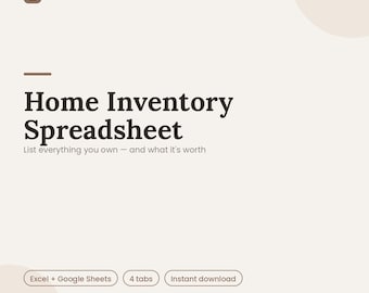 Kalkylblad för heminventering, försäkringsspårning, värde per rum (Excel, Google Sheets)
