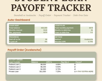 Student Loan Payoff Tracker, Snowball Avalanche Planner (Excel Google Sheets)