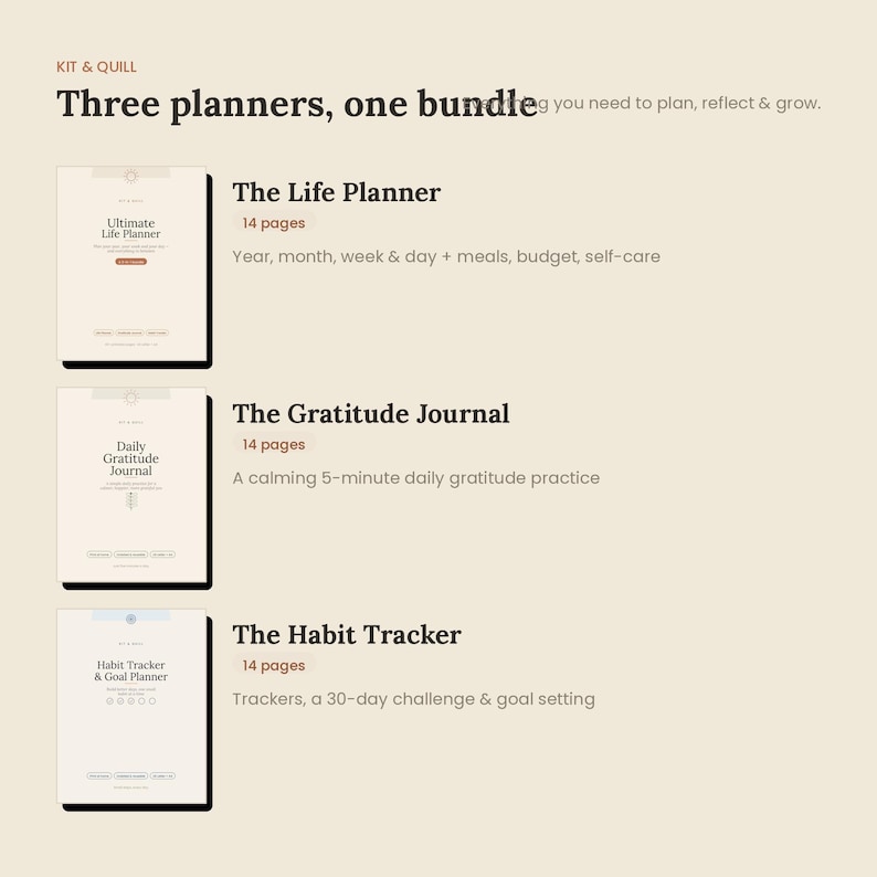 May include: A bundle of three planners titled Kit & Quill: The Life Planner, The Gratitude Journal, and The Habit Tracker. Each planner is 14 pages long and features specific sections for tracking years, months, weeks, days, meals, budgets, self-care, gratitude, and goals.