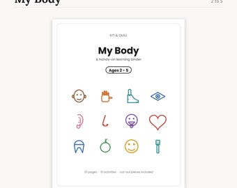 「My Body Busy Book」印刷可能版、33ページ幼児向け学習バインダー、13種類のアクティビティ、2～5歳向け就学前向け知育絵本（PDF）