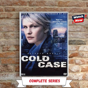 May include: A DVD cover for the Cold Case complete series featuring a portrait of Kathryn Morris against a dark blue city skyline. The text reads From the executive producer of CSI, Hope lives... because the evidence never dies, and Cold Case.