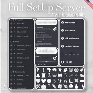 Może przedstawiać: Cyfrowy szablon układu serwera Discord zatytułowany Full SetUp Server White Marble. Ciemnoszary interfejs zawiera sekcje kanałów Welcome, Info i Community, a także kategorie ról oraz siatkę z różnymi białymi ikonami i symbolami graficznymi.