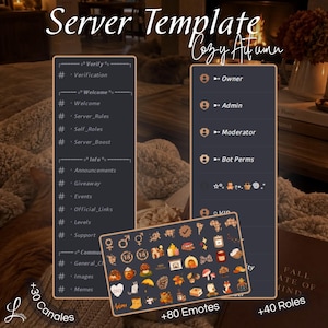 Op de afbeelding: Een digitale servertemplate getiteld Server Template Cozy Autumn met donkergrijze panelen en witte tekstlijsten voor kanalen zoals Verify, Welcome en Info, plus een verzameling van 80 herfst-thema emotes en 40 rol-iconen.
