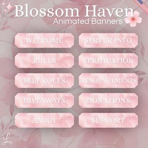 Op de afbeelding: Een set van tien rechthoekige roze knoppen met witte tekst die Welcome, Server Info, Rules, Verification, Self Roles, Announcements, Giveaways, Donations, About en Support leest, tegen een zachtroze bloemenachtergrond met Blossom Haven tekst.