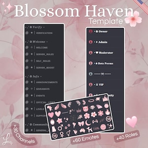 以下が含まれることがあります： Blossom Havenというタイトルのデジタルテンプレート。ダークグレーのDiscordサーバーレイアウト、白いテキスト、Verify、Welcome、Infoなどのチャンネルカテゴリー、ロールリスト、ハートや星を含む60個のピンク色のアイコンが表示されています。