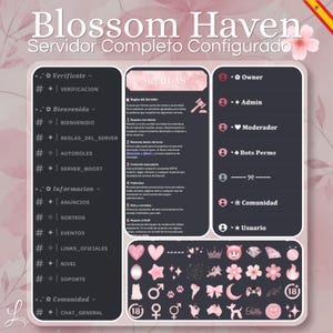 Może przedstawiać: Cyfrowy szablon serwera Discord o nazwie Blossom Haven z delikatnym różowym kwiatowym tłem. Układ zawiera ciemnoszare panele z etykietami tekstowymi dla kanałów, zasad i ról serwera oraz zestaw różowych ikon.