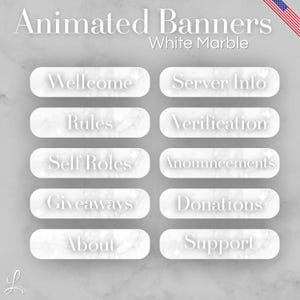 Puede incluir: Un conjunto de diez banners rectangulares con textura de mármol blanco, bordes redondeados y texto en blanco. Las etiquetas incluyen Wellcome, Server Info, Rules, Verification, Self Roles, Anounncements, Giveaways, Donations, About y Support.
