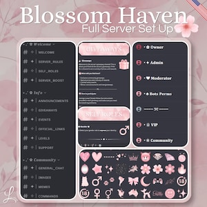Może przedstawiać: Cyfrowy szablon układu serwera zatytułowany Blossom Haven Full Server Set Up, zawierający ciemnoszare panele z różowymi akcentami kwiatowymi. Zawiera listy kanałów, sekcje prezentów i ról, hierarchie ról oraz siatkę różowych ikon.