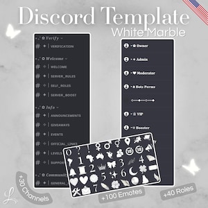 Może przedstawiać: Cyfrowy szablon Discord na tle białego marmuru z ciemnoszarymi panelami. Tekst zawiera Discord Template, White Marble, Verify, Welcome, Info, Community, Owner, Admin, Moderator, Bots Perms, VIP, Booster oraz +100 Emotes.