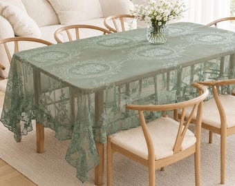 Sage Green Lace Tablecloth, Sheer Floral Cottagecore Wedding Dining Table Decor