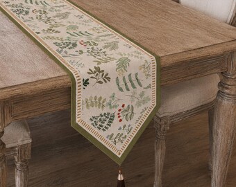 Camino de mesa botánico con borla, decoración de mesa de comedor estilo cottagecore con hojas verdes