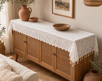 White Lace Tablecloth with Tassels, Vintage Console Scarf and Sideboard Decor