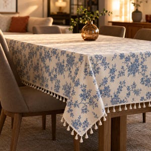 May include: A rectangular tablecloth featuring a cream-colored base with a repeating blue floral pattern and delicate white tassel fringe trim along all edges, draped over a wooden dining table in a warm, softly lit indoor setting.