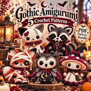 Halloween  Crochet Pattern Bundle, 5 Spooky Amigurumi Gothic Characters, Patchwork Cat, Mummy Fox, Owl & Mushroom Witch PDF