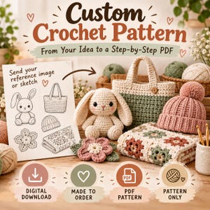 Könnte beinhalten: Eine Werbeanzeige für einen individuellen Häkelmuster-Service mit dem Text Custom Crochet Pattern From Your Idea to a Step-by-Step PDF. Enthält Skizzen von Hase, Tasche, Mütze und Blume sowie die entsprechenden gehäkelten Objekte und eine Decke.