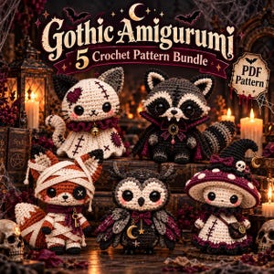 Gothic Amigurumi Crochet Pattern Bundle, 5 Creepy Cute Animals, Patchwork Cat, Vampire Raccoon, Mummy Fox & Witch PDF