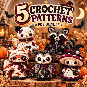 Halloween Amigurumi Crochet Pattern Bundle, 5 Spooky Gothic Characters, Patchwork Cat, Mummy Fox, Owl & Mushroom Witch PDF