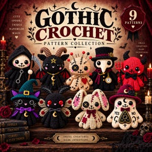 May include: A collection of nine crocheted plush figures including a grim reaper, a horned creature, a voodoo doll, a plague doctor, a red devil, a cat in a witch hat, a moth, a stitched rabbit, and a ghost with a planchette design.