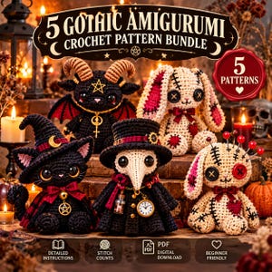 以下が含まれることがあります： 5つのゴシック・アミグルミかぎ針編みパターンのデジタルバンドル。黒い角のある生き物、縫い合わされたウサギ、魔女の帽子をかぶった猫、ペスト医師、ブードゥー人形が含まれています。画像には「5 Gothic Amigurumi Crochet Pattern Bundle」というテキストが記載されています。