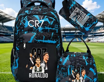 Conjunto de mochila de fútbol, mochila escolar de fútbol azul y negra, bolsa para el almuerzo, estuche para lápices (3 piezas)