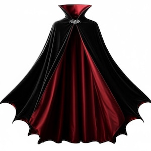 May include: A floor-length cape featuring a black exterior and a deep red interior lining. The garment has a high, structured collar and a silver-toned bat-shaped clasp at the neckline. The hem is cut into a series of pointed, scalloped edges.