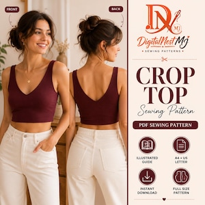 Op de afbeelding: Een mouwloze bordeauxrode crop top met V-hals, getoond van de voor- en achterkant. De tekst luidt DigitalNestMJ Sewing Patterns, Crop Top Sewing Pattern, PDF Sewing Pattern, Illustrated Guide, A4 + US Letter, Instant Download, Full Size Pattern.