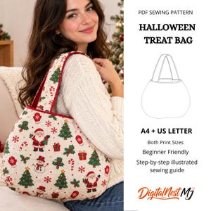 Pode incluir: Um molde de costura em PDF para uma bolsa de doces de Halloween, apresentando uma bolsa de tecido branco com uma estampa festiva de Natal de Papai Noel, bonecos de neve, pinheiros, bengalas doces e luvas. Inclui desenho linear e formatos A4.