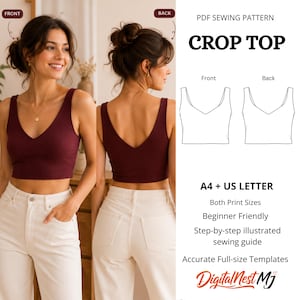 May include: A PDF sewing pattern for a crop top featuring a V-neckline and a sleeveless design. The document includes front and back technical line drawings, A4 and US letter print sizes, a step-by-step illustrated sewing guide, and templates.