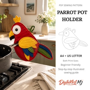 May include: A PDF sewing pattern for a parrot pot holder, featuring text that reads PARROT POT HOLDER, A4 + US LETTER, Both Print Sizes, Beginner Friendly, Step-by-step illustrated sewing guide, and DigitalNestMJ. The image shows a red parrot-shaped pot holder.