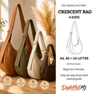 May include: A PDF sewing pattern for a crescent bag in 4 sizes, featuring a line drawing of the bag and text including "PDF SEWING PATTERN", "CRESCENT BAG", "4-SIZES", "A4, A0 + US LETTER", "Beginner Friendly", and "DigitalNest MJ".