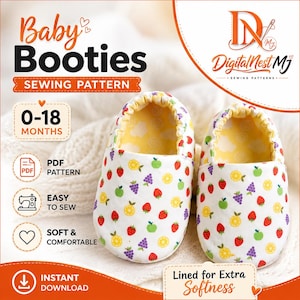 May include: A pair of baby booties sewing pattern featuring a white fabric with a colorful fruit print of strawberries, grapes, oranges, and apples. The booties have a yellow interior lining and are labeled for 0-18 months with PDF pattern text.
