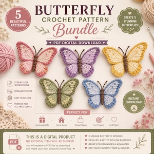 Könnte beinhalten: Ein digitales PDF-Häkelmuster-Paket mit fünf bunten Schmetterlingen in Rosa, Lila, Gelb, Grün und Blau. Die Grafik enthält den Text: BUTTERFLY CROCHET PATTERN Bundle, 5 BEAUTIFUL PATTERNS, PDF DIGITAL DOWNLOAD sowie Schritt-für-Schritt-Anleitungen.